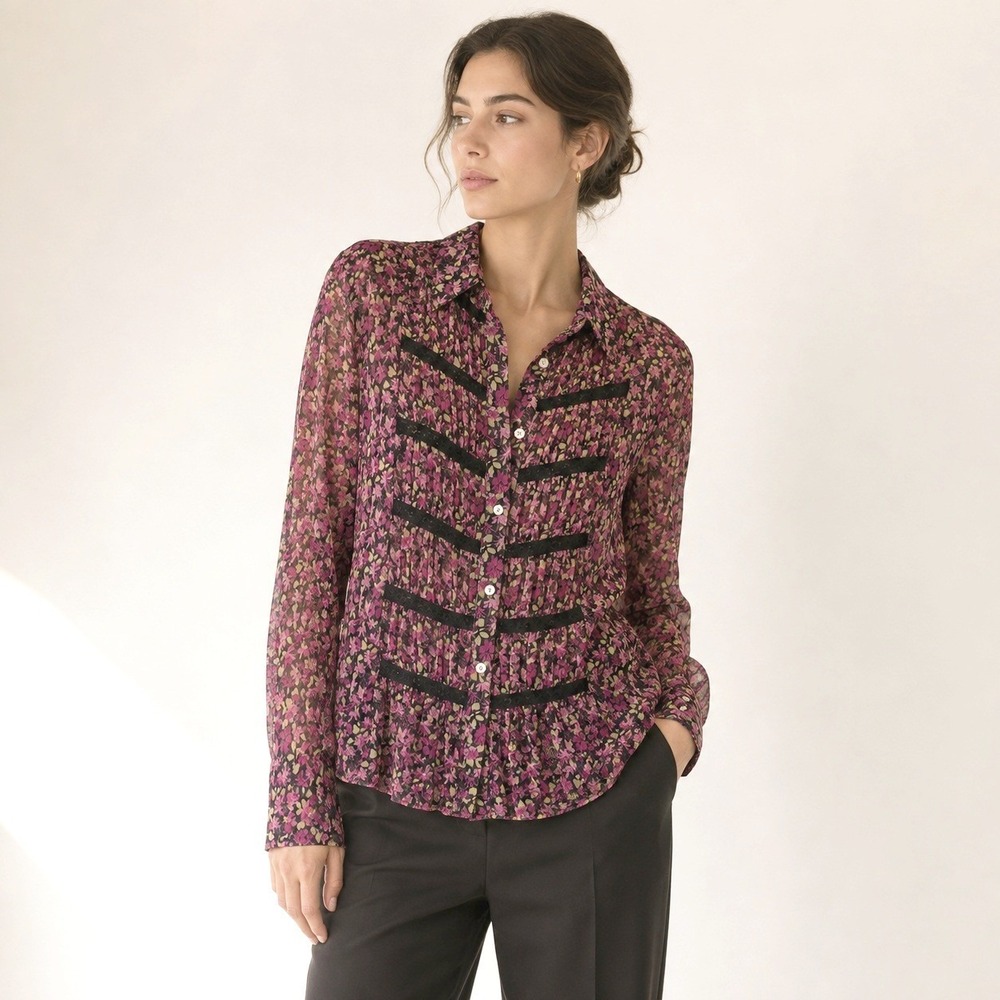 Y2K Malcolm Co 100 Silk Floral Blouse L Sheer Lace Trim Whimsigoth Fairycore Top
